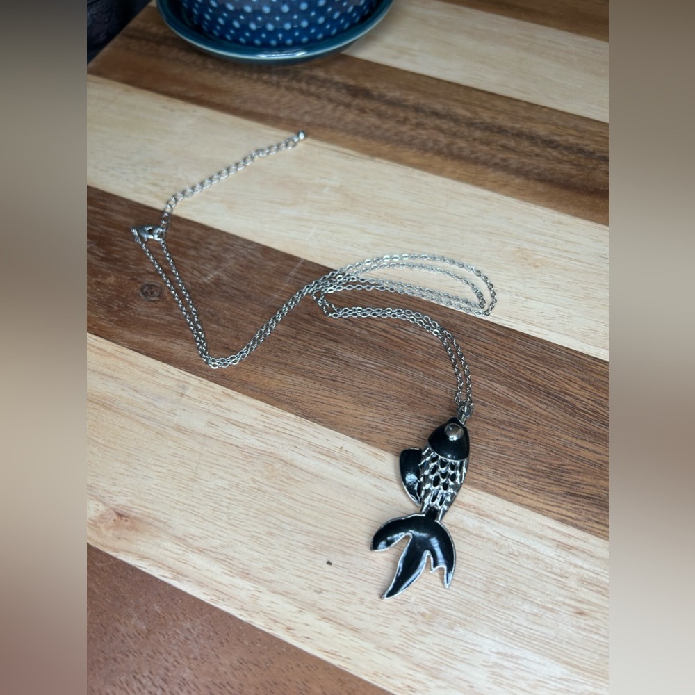 Silver and back enamel Koi Fish necklace, Urban Outfitters Circa 2008